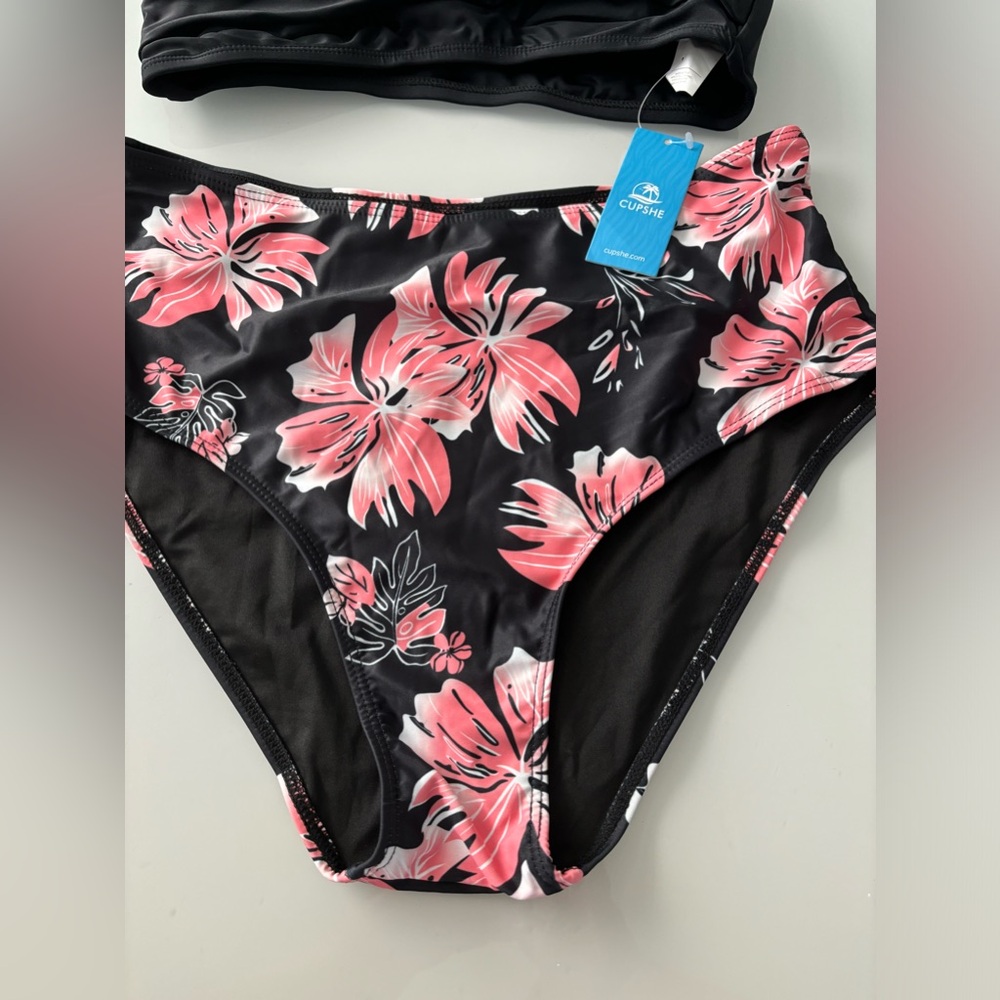 Cupshe Black Bikini Top with Pink Floral High-Waist Bottom - Picture 2 of 7